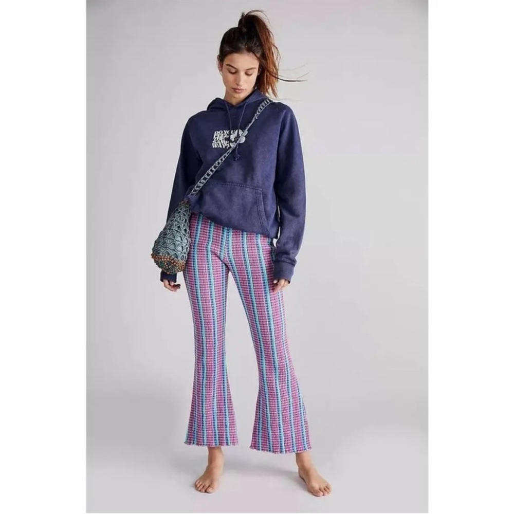 Free People Fine Line Slim Flare Pants XS Blue Purple Stripe High Rise Boho